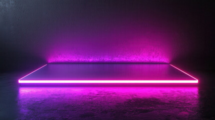 Modern Neon Stage with Bright Pink Lights and Glossy Black Floor for Presentations