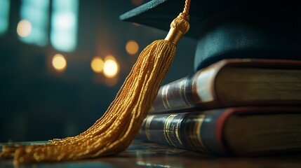 Graduation cap tassel on stacked antique books, illuminated by soft light.
