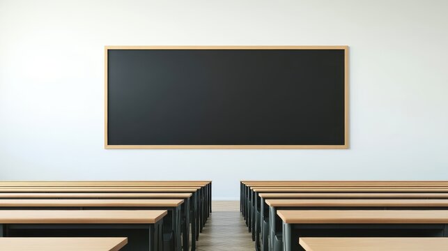 Empty Classroom with Chalkboard and Desks Arranged Neatly