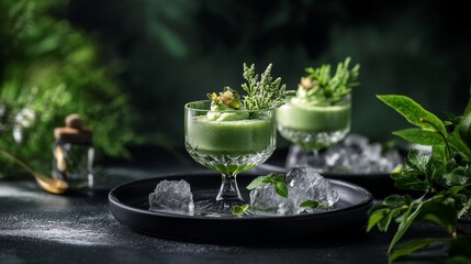 luxurious matcha frozen dessert, clear ice cubes backdrop, sleek glassware presentation, fresh botanical garnish, forest green environment, dark ceramic platter, fine powder details, sophisticated
