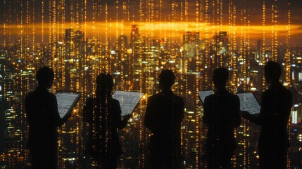 Silhouetted Business Professionals Analyzing Data on Tablets Against a Vibrant Cityscape with Digital Overlay at Dusk