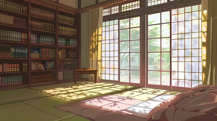 bedroom designed in the style of Studio Ghibli, with a tatami bed and bookshelves, a desk, large windows covered by lattices that allow light to enter