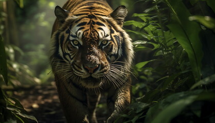 Fototapeta premium beautiful asian tiger with lush green habitat background. Generative AI