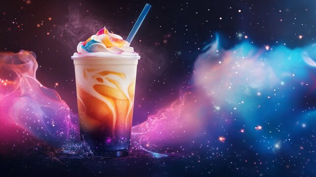modern milk tea collection artwork, liquid motion effects, soft gradient colors, hand-drawn text elements, dark cosmic background, floating stars, energetic beverage illustrations