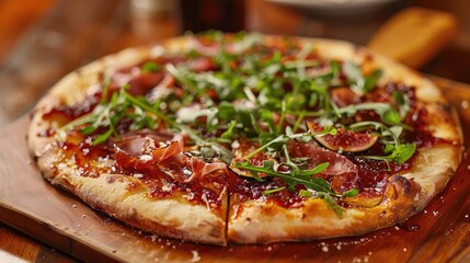 A culinary masterpiece, featuring an artistic pizza with unique toppings, loaded with fig jam, prosciutto, and arugula, beautifully presented on a wooden paddle 