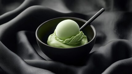 premium green avocado frozen dessert, classic ice cream dipper, silky textured surface, noir ceramic vessel, natural fabric setting, soft shadows, organic food composition