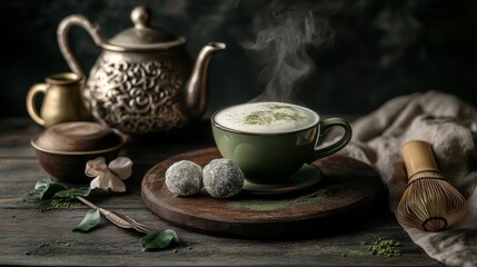 premium green tea composition featuring dusted matcha truffles, frothy hot beverage, traditional tea preparation tools, organic styling, neutral tones, soft diffused lighting