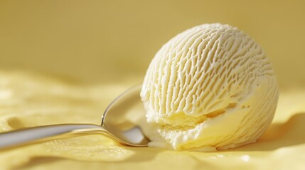 premium vanilla gelato sphere, stainless steel scoop, detailed ice cream ridges, buttery yellow background, creamy texture, macro lens capture, commercial food photography, shallow depth of field
