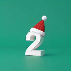 3D Christmas number 2 with a red hat on green background