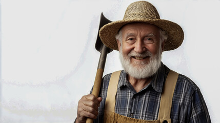 Fototapeta premium Cheerful elderly man in farmer attire poses with a shovel against isolated on white background.