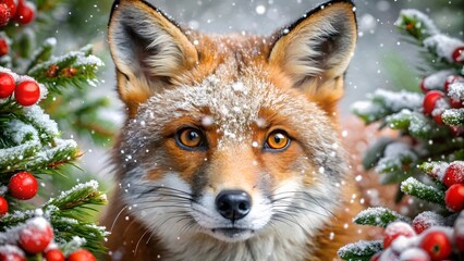 Fototapeta premium Beautiful Red Fox Amid Snowy Holly and Berries in a Festive Christmas and New Year Winter Wonderland