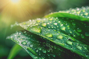 Beautiful water drops sparkle in the sunlight on leaves. Close-up. Morning Dewdrops.
