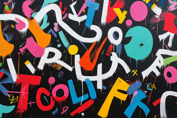 Graffiti-style painting, white letters on a black background, colorful graffiti tags and symbols.