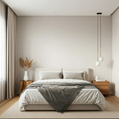 A serene and minimalist bedroom interior. The bed, dressed in crisp white linens and a soft gray throw, takes center stage against a backdrop of neutral-toned walls.