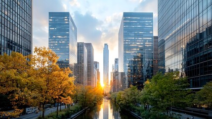 Towering glass skyscrapers that reach towards the sky, gleaming in the sunlight, creating a stunning urban landscape ideal for corporate offices and businesses to thrive in.