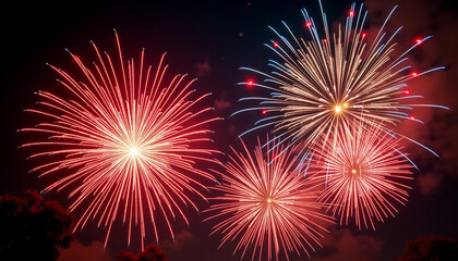 Naklejka premium Fireworks background with vibrant red, blue, and gold explosions