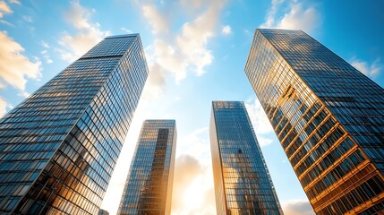 Obraz premium Towering glass skyscrapers that reach towards the sky, gleaming in the sunlight, creating a stunning urban landscape ideal for corporate offices and businesses to thrive in.