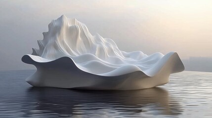 Elegant White Sculpture with Flowing Curves and Waves on a Calm Water Surface Against a Misty Background in a Minimalist Artistic Setting