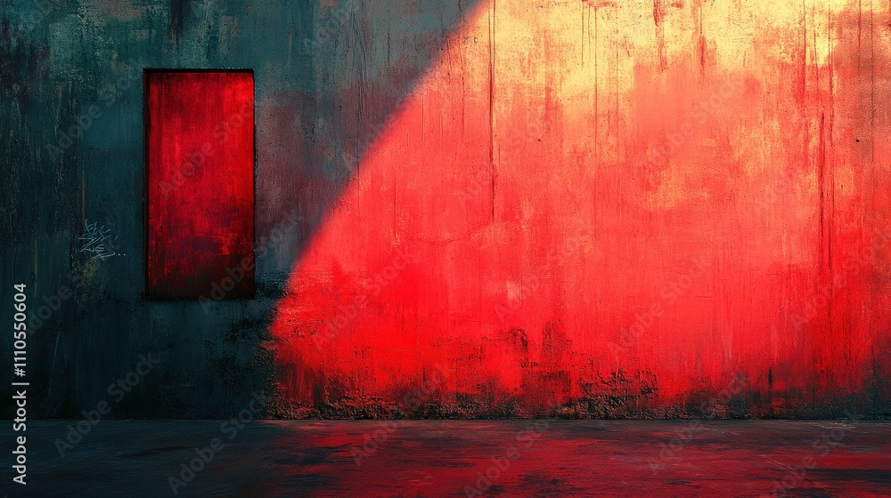 Poster abstract red light on textured wall with window frame casting shadows in an urban environment for mo