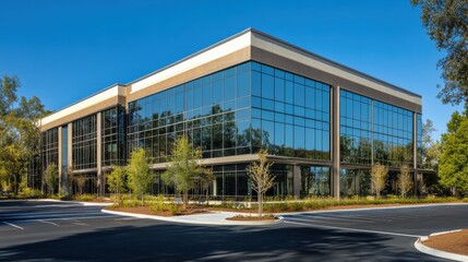 Obraz premium Modern Office Building with Large Glass Windows Surrounded by Green Landscaping and Clear Blue Sky on a Bright Sunny Day