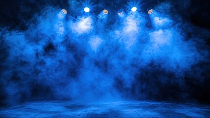 Dramatic Blue Stage Lighting With Smoke Effects Illuminating An Empty Performance Space, Perfect For Concerts, Theatrical Productions, Dance Shows, And Creative Projects