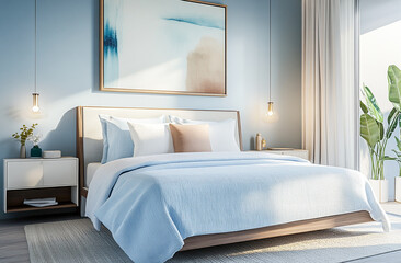 Stylish Modern Bedroom Interior with Minimalist Furniture and Soft Lighting Design