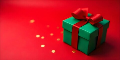 Obraz premium A green gift box with a red ribbon on a red background with gold confetti