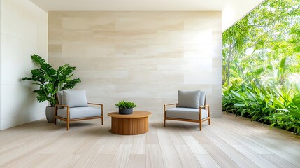 This contemporary interior design features a minimalist terrace with clean lines, sleek furniture, and a neutral color palette