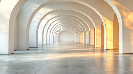 Obraz premium The 3D render showcases a view of an empty white room with arch design and a concrete floor, reminiscent of a museum space or chapel entrance