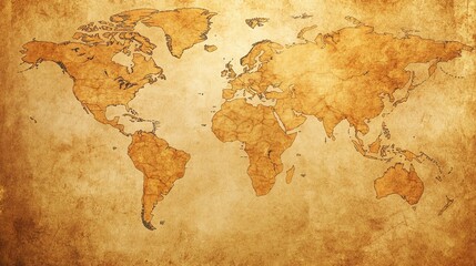 An antique style world map with a distressed, aged look.