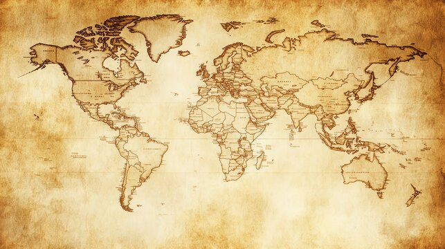 An antique style world map on parchment paper.