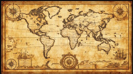 An antique-style world map with compass roses.