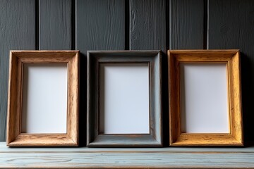 Elegant Wooden Frames on Dark Shelf for Display