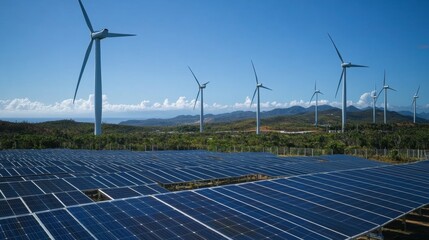Aerial View of Renewable Energy Farm Featuring Solar Panels and Wind Turbines Under Clear Blue Sky with Scenic Hills in the Background