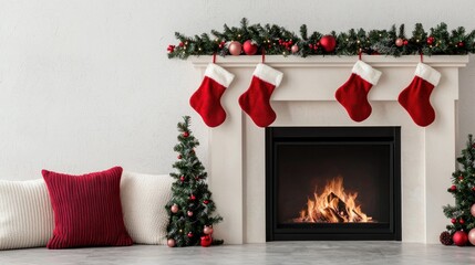 Fototapeta premium A cozy holiday fireplace with stockings, garland, and glowing fire captures the essence of Christmas warmth and seasonal cheer