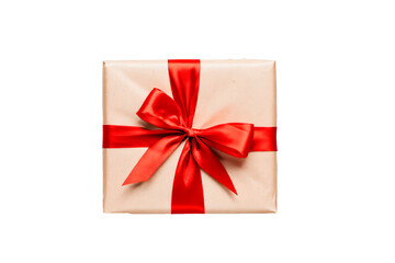 red gift box with ribbon on a white background for envelopes and backgrounds. PNG