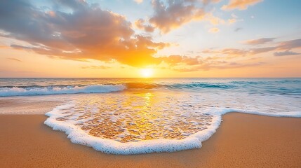 As the orange and pink hues painted the sky, the golden sun dipped below the horizon, casting a warm glow over the tranquil waves gently lapping against the sandy shore.