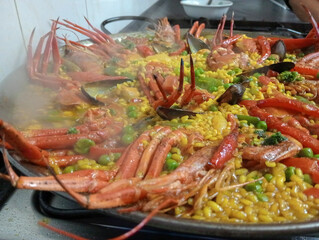 Close-up of a plate of seafood paella, a traditional Spanish dish