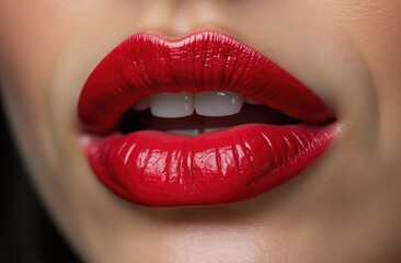 Fototapeta premium close up of glossy red lips symbolizing passion and romance. Perfect for Valentine's Day themes related to love, beauty and heartfelt expressions.