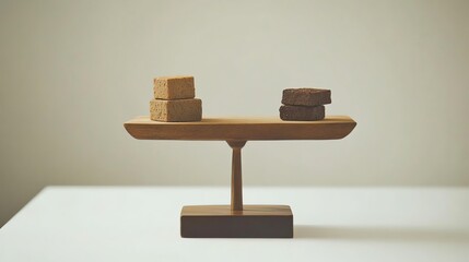 A scale with three yellow blocks on one side and three white/beige blocks on the other.