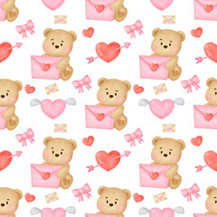 Watercolor valentine's day seamless pattern with cute bear.