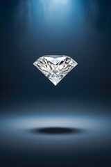 One big diamond floating in the air on a dark blue background. Presentation of diamonds.