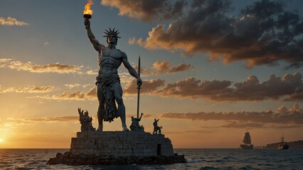 Colossus of Rhodes holding a massive torch; sunrise over a harbor in the background, with waves and ships carved on the base.