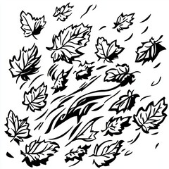 Black and White Artistic Illustration of Floating Leaves in Motion Abstract Pattern with Dynamic Energy and Organic Shapes Perfect for Nature-Themed Designs