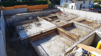 Aerial view of foundation construction site, showing concrete, rebar, and earthworks.