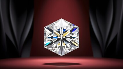 One big diamond floating in the air on red and black background. Presentation of diamonds