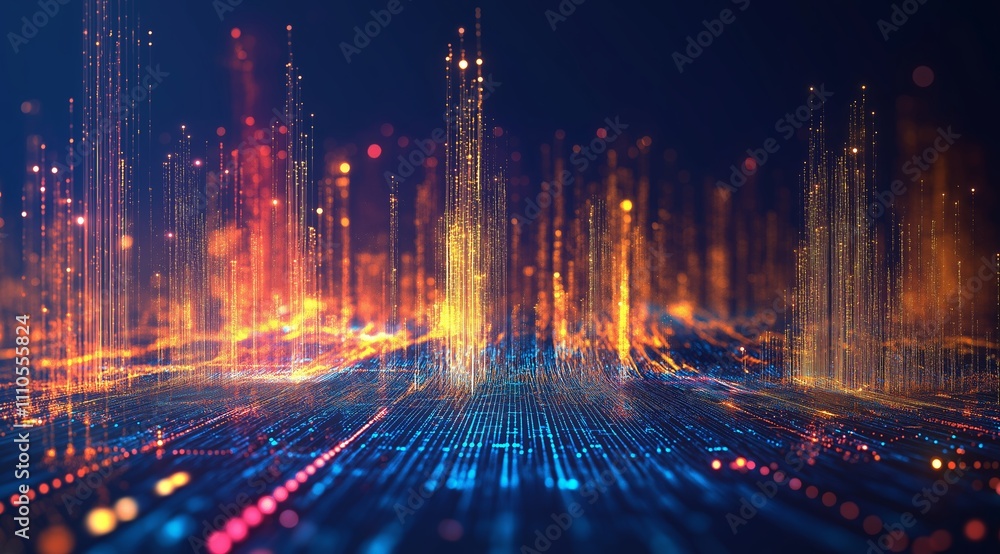 Poster abstract tech background in the form of colorful waves, consisting of a large number of digital conn