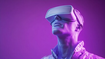 The Geek Statue Wearing Virtual Reality Glasses on a Purple Background

