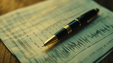 Elegant pen rests on financial report showing graphs and numbers.