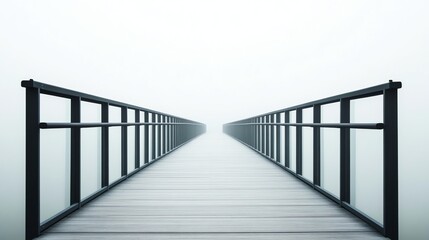 A wooden bridge with black railings extends into the mist.